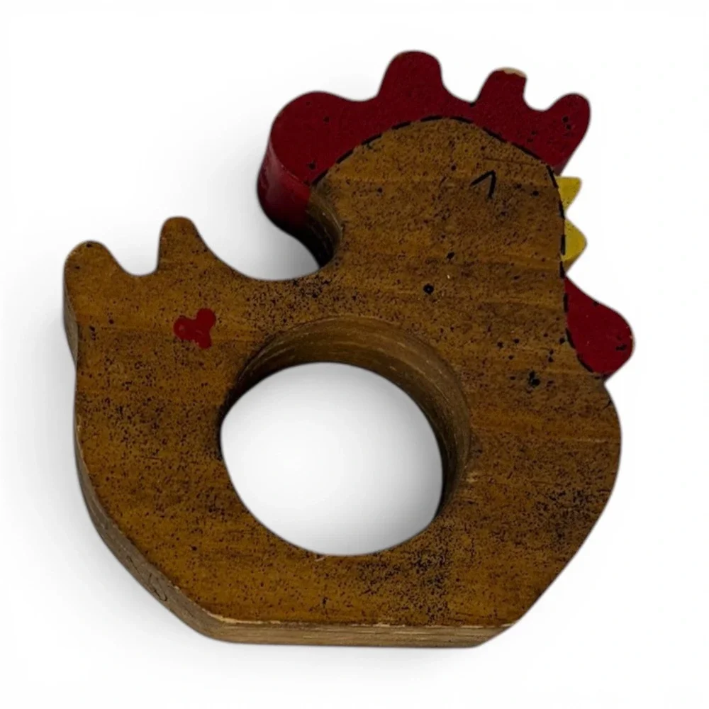 Set‎ of 4 Wooden Chicken Napkin Rings Hand Painted Country Farmhouse Decor Vtg